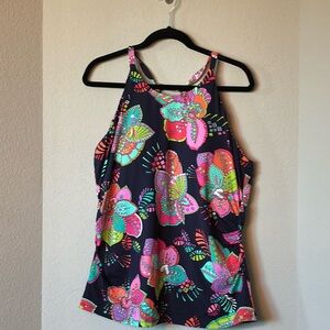 Ann Cole women’s summer swim swimwear top tankini, blue and pink, size 22W